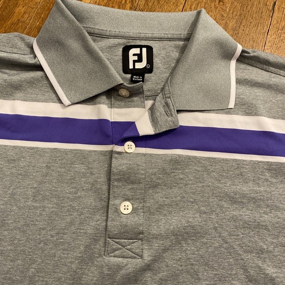 FootJoy Golf Polo Athletic Fit Mens Large Shirt Gray- Lavender White Stripe Logo - Picture 4 of 12